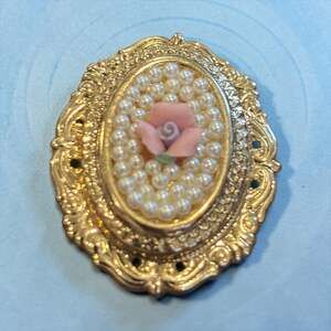 Pink Rose Pearl Brooch Romantic Victorian Style Gold Oval 1928 Jewelry Vintage